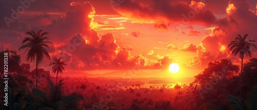 A sun and sunset sky with palm trees thickets and dramatic red clouds over an impressive wilderness landscape backdrop with copy space. photo