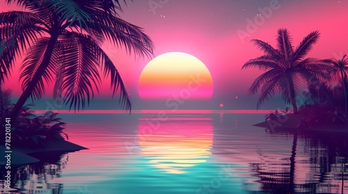 beautiful retro neon sunrise with a big sun and palm trees with a big lake with reflection in high resolution and high quality