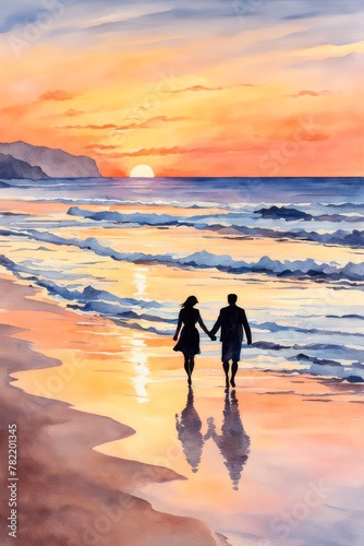 A romantic sunset scene with silhouetted couple walking hand in hand, along sandy beach, nature landscape, love relationship, living life holidays © Watercolor Resources