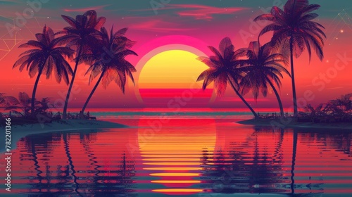 beautiful neon retro sunrise with a big sun © Marco