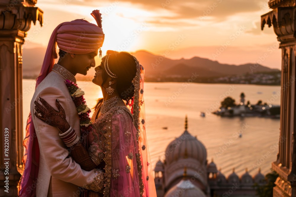 A Hindu bride and groom in traditional clothes at sunset.

