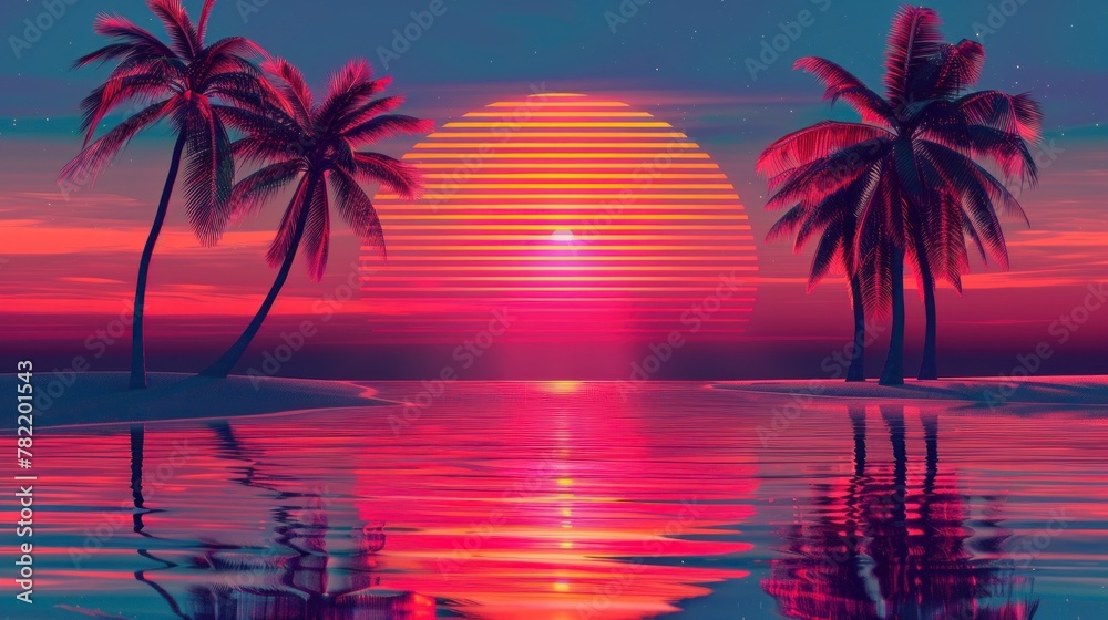 beautiful retro neon sunrise with a big sun and palm trees with a big lake with reflection in high resolution and high quality HD