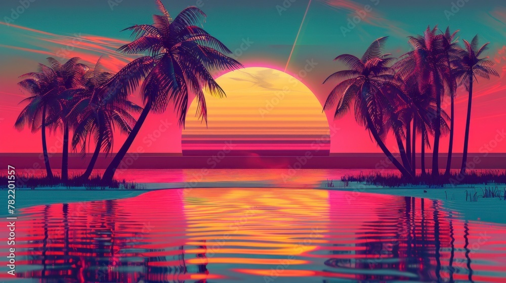 beautiful neon retro sunrise with a big sun and palm trees