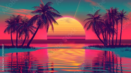 beautiful neon retro sunrise with a big sun and palm trees © Marco