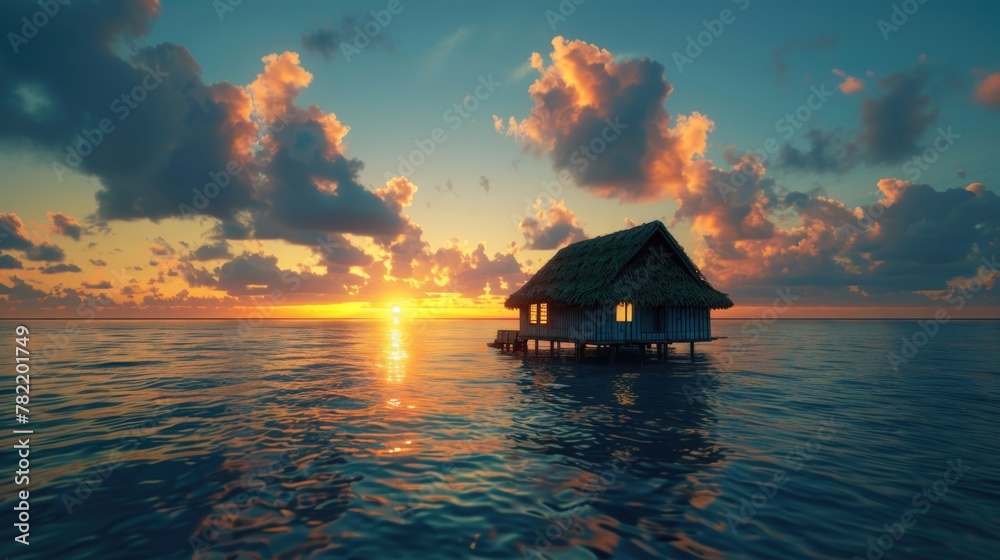 A hut sitting in the middle of a body of water. Suitable for travel brochures A hut sitting in the middle of a body of water. Suitable for travel brochures