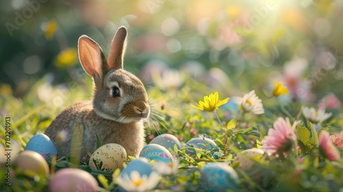 A cute rabbit sitting in the grass surrounded by colorful Easter eggs. Perfect for Easter holiday designs