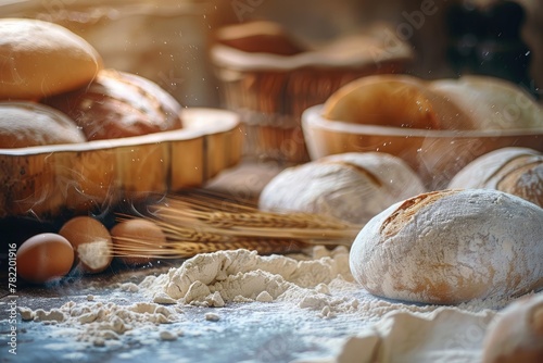 A stop-motion style setup of bread loaves in various stages of baking, from dough to crusty loaf