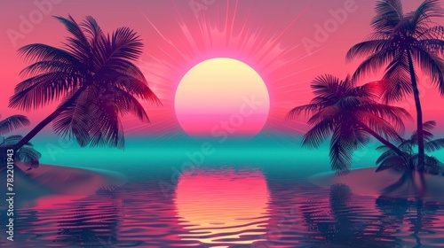 Beautiful retro neon sunrise with a big sun and palm trees with a large lake with a reflection in high resolution and high quality. retro concept wallpaper