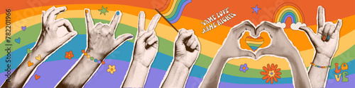 Pride Month collage elements set. Vintage halftone hands holding flag and showing different gestures. Paper Collage with torn out elements for decoration of LGBT events. Vector eps10