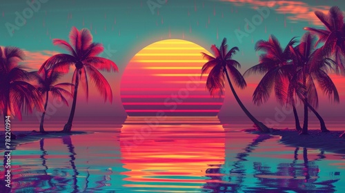 beautiful neon retro sunrise with a big sun and palm trees with a big lake with reflection