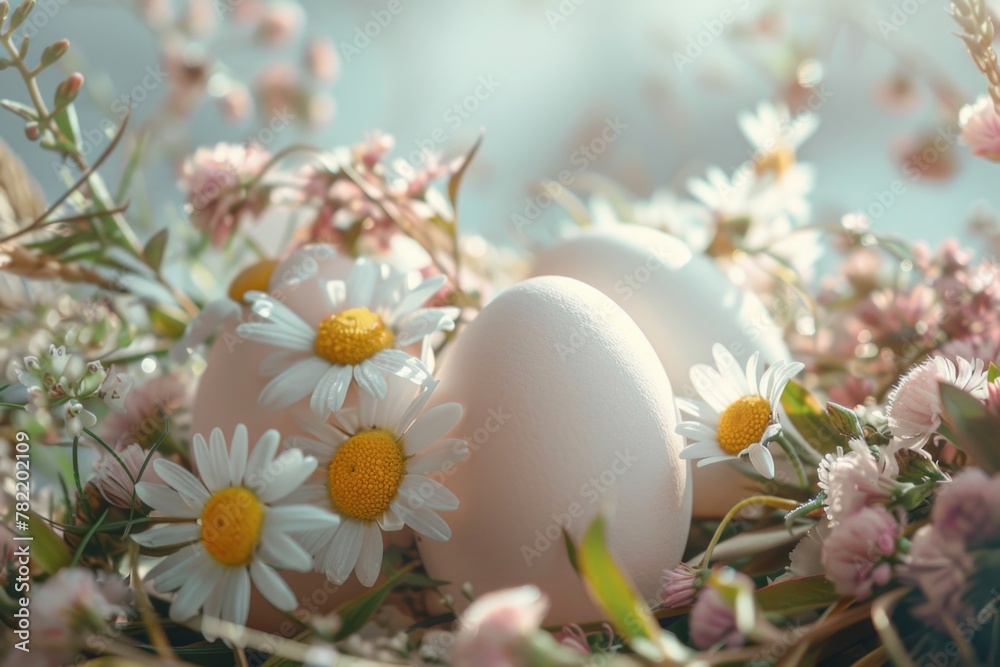 Two eggs in a nest surrounded by daisies and flowers. Suitable for nature and spring-themed designs