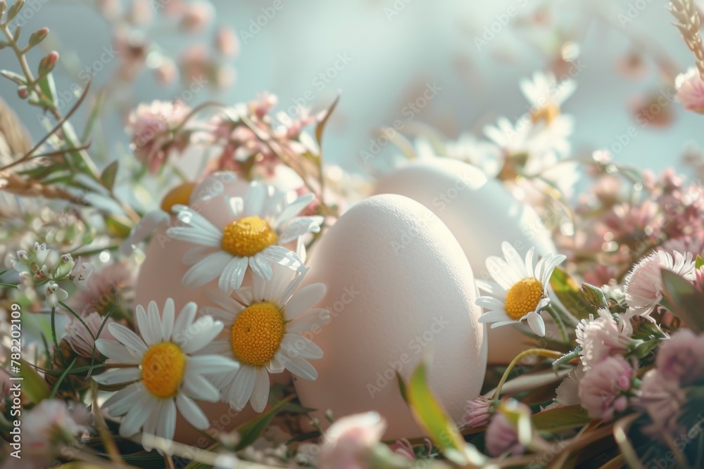 Two eggs in a nest surrounded by daisies and flowers. Suitable for nature and spring-themed designs Two eggs in a nest surrounded by daisies and flowers. Suitable for nature and spring-themed designs