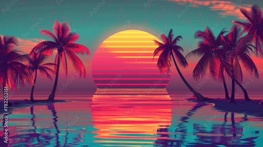 beautiful retro neon sunrise with a big sun and palm trees with a big lake with reflection in high resolution