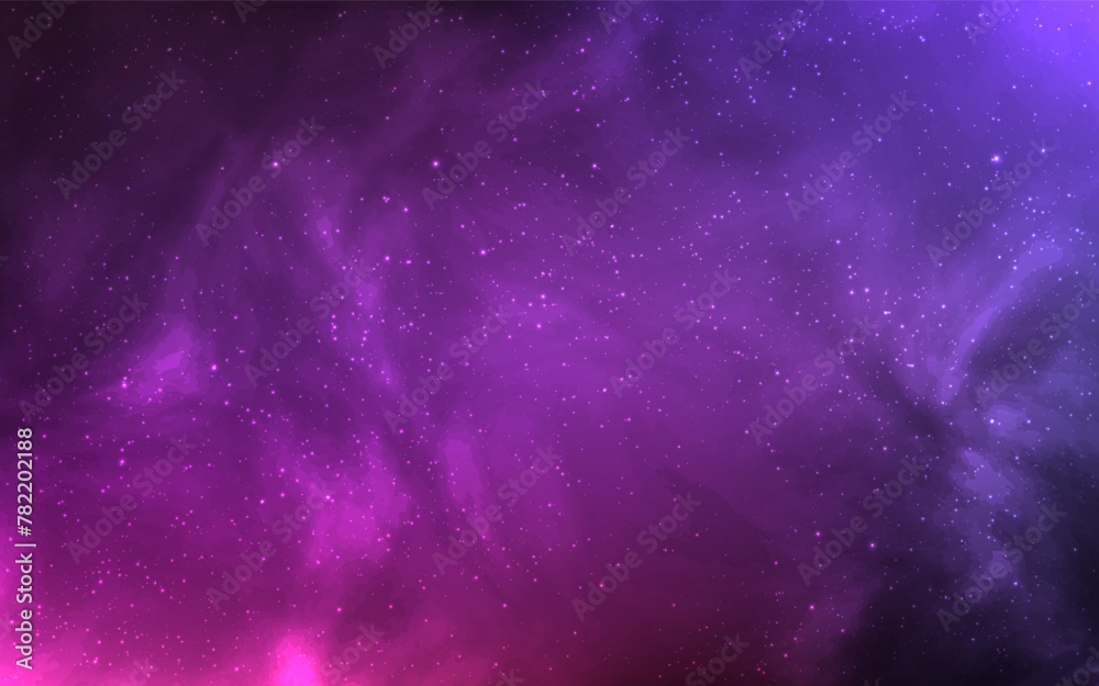 Cosmos background. Outer space with purple nebula. Bright colorful galaxy with glowing stars. Deep universe wallpaper. Fantasy cosmic texture. Vector illustration. Cosmos background. Outer space with purple nebula. Bright colorful galaxy with glowing stars. Deep universe wallpaper. Fantasy cosmic texture. Vector illustration.