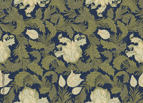 Floral vintage seamless pattern for retro wallpapers, textiles, designs. Enchanted Vintage Flowers. Arts and Crafts movement inspired.