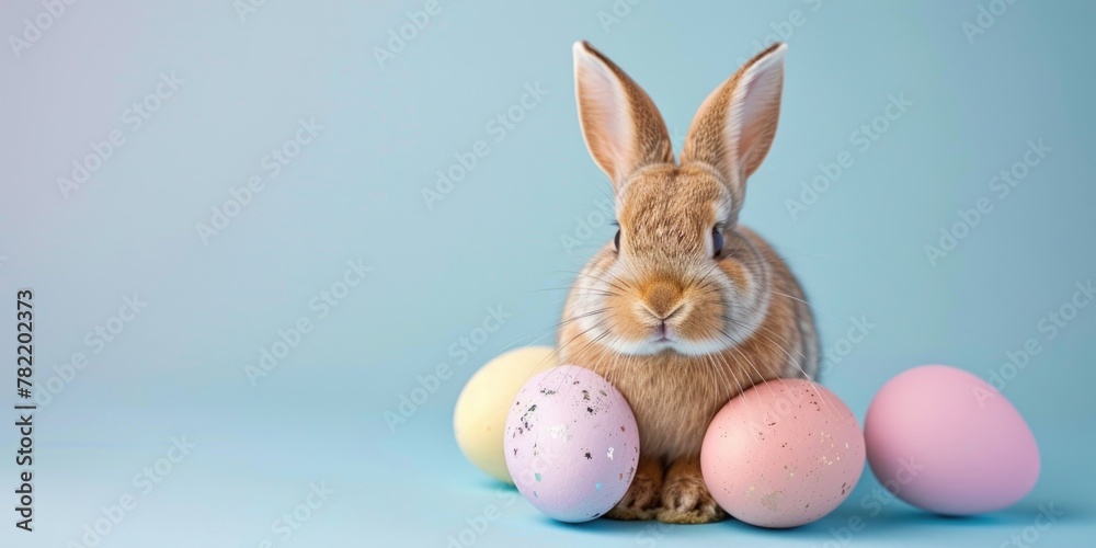 A rabbit sitting next to a pile of eggs. Perfect for Easter celebrations A rabbit sitting next to a pile of eggs. Perfect for Easter celebrations