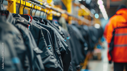 A variety of jackets and uniforms hang in a row on hangers.
