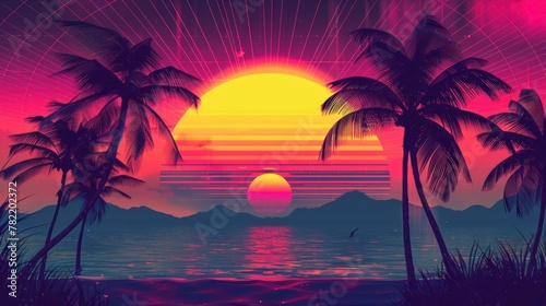 Beautiful retro neon sunrise with a big sun and palm trees with a large lake with a reflection in high resolution and high quality. retro concept,wallpaper,neon,80s