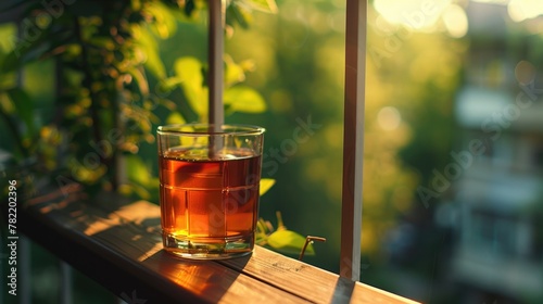 A glass of tea on a wooden table, perfect for food and beverage themes