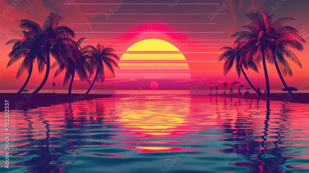 Beautiful retro neon sunrise with a big sun and palm trees with a large lake with a reflection in high resolution and high quality. retro concept,wallpaper,neon,80s,illustration