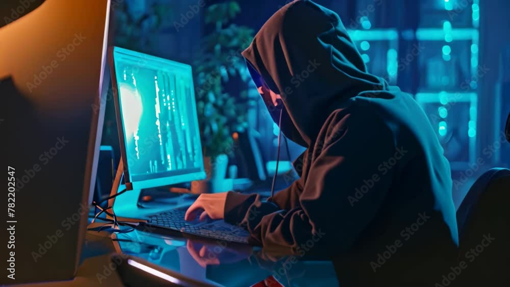 A man wearing a hoodie is sitting in front of a computer screen, focused on programming code and working diligently, An anonymous hacker in a dark room attempting a major cyber attack, AI Generated A man wearing a hoodie is sitting in front of a computer screen, focused on programming code and working diligently, An anonymous hacker in a dark room attempting a major cyber attack, AI Generated