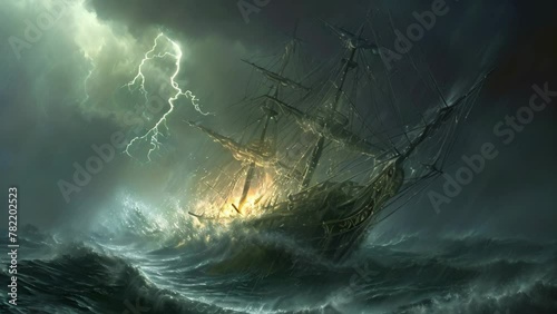 A dynamic painting capturing a ships struggle against powerful waves in a stormy sea, An ancient ship battling a raging tempest, AI Generated photo
