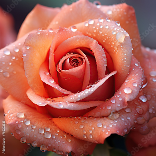 Close-up of a blooming rose flower with dew drops. Dew drops on the petals, macro photography and landscape mode.