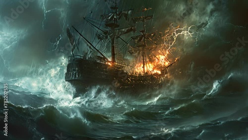 A ship battles treacherous waves and intense lightning strikes in a stormy sea, An ancient ship battling a raging tempest, AI Generated