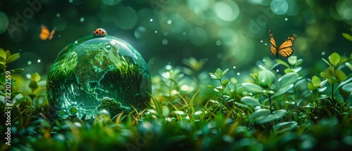 Earth crystal globe on fresh grass lawn background with butterfly and ladybug. Save environment, save clean green planet, ecology and life in peace concept. photo