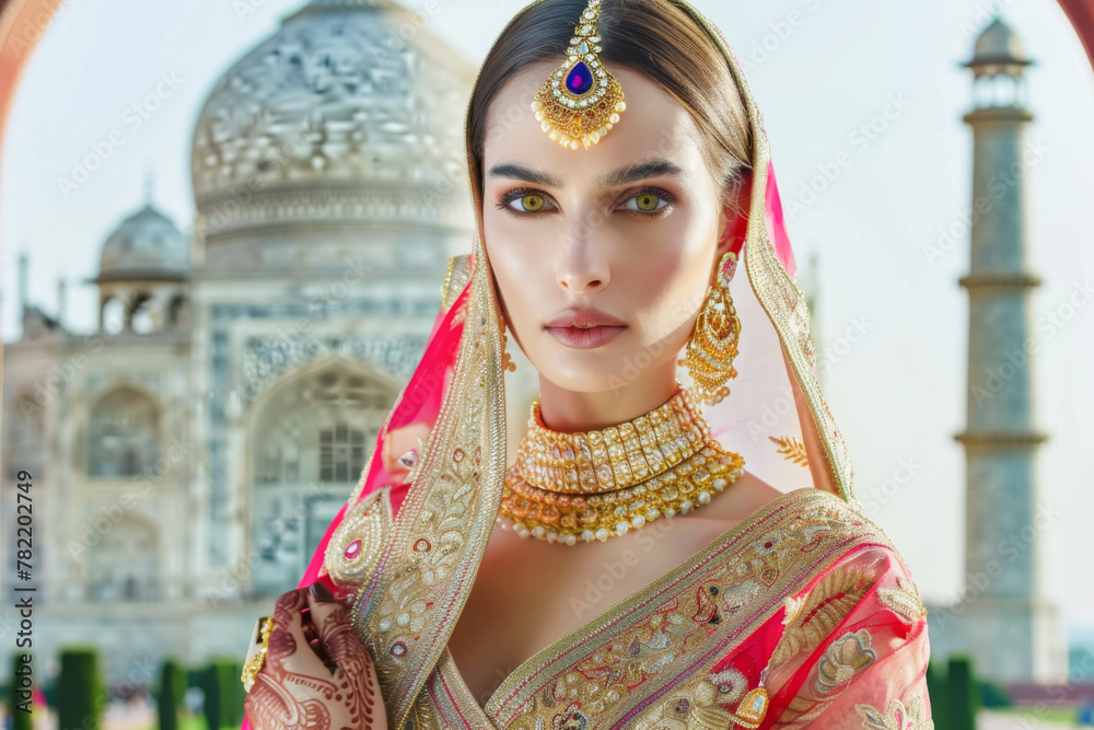 Beautiful Indian woman in saree at the Taj Mahal
