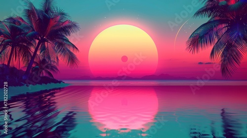 Beautiful retro neon sunrise with a big sun and palm trees with a large lake with a reflection in high resolution and high quality. retro concept,wallpaper,neon,80s,illustration,sunrise