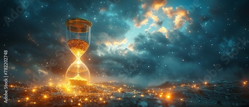 The image of an hourglass hovering in space with an ammonite fossil inside it stands on petrified molluscs against a cloudy sky and shining stars. As a symbol of eternity, extinction and evolution, photo