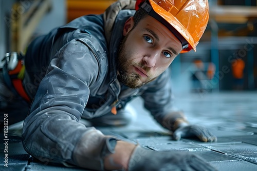 Focused Craftsman Perfecting Tile Installation. Concept Craftsmanship, Tile installation, Attention to detail, Precision, Quality workmanship