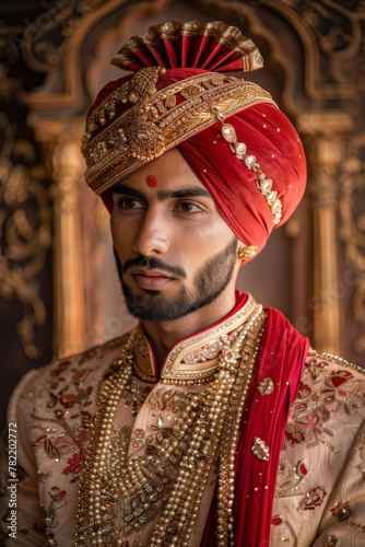 Portrait of a handsome Indian man in a turban. Men's beauty, fashion. 
