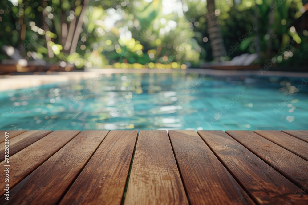 A wooden deck next to a swimming pool. Ideal for travel brochures
