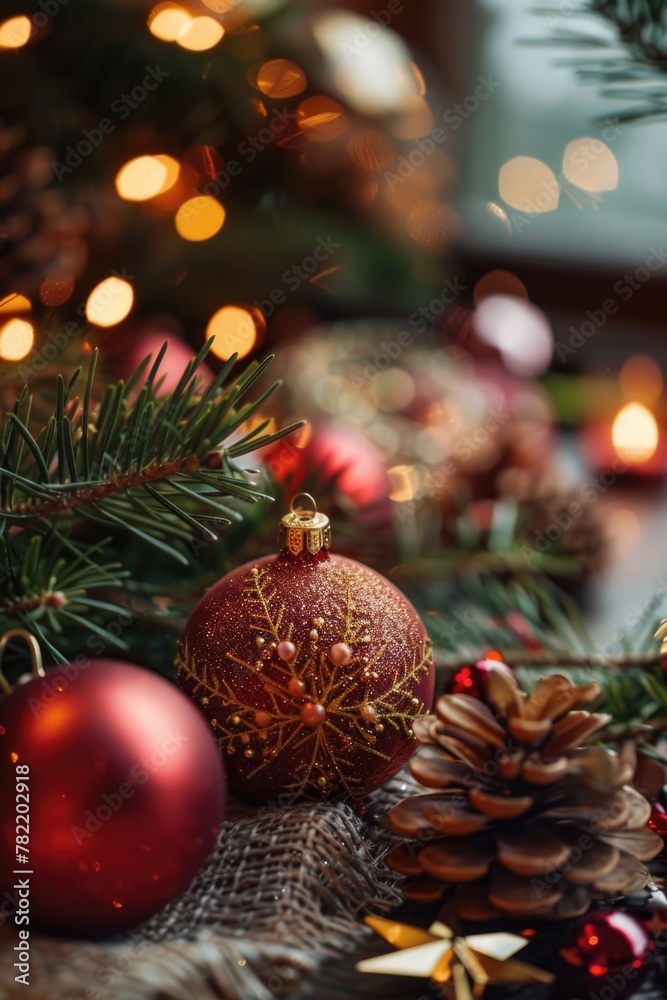 Close up view of a Christmas ornament on a table, perfect for holiday season decorations