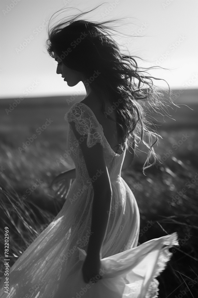 A woman in a white dress is walking through a field A woman in a white dress is walking through a field