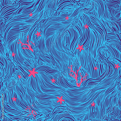 Abstract color hand-drawn pattern, waves and corals background. Seamless patt...