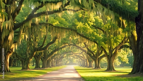 A picturesque road stretching through a forest with lush trees covered in Spanish moss, An awe-inspiring tree alley draped with Spanish moss in a southern park, AI Generated photo