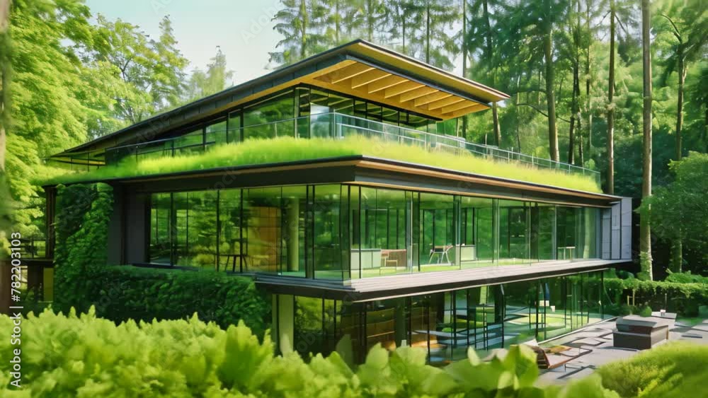A house featuring a green roof stands amidst a lush landscape filled with numerous trees, An eco-friendly high-tech, glass home integrated seamlessly into a forest setting, AI Generated A house featuring a green roof stands amidst a lush landscape filled with numerous trees, An eco-friendly high-tech, glass home integrated seamlessly into a forest setting, AI Generated