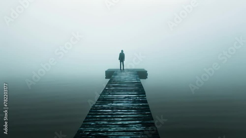 A person stands alone on a pier surrounded by thick fog during the early morning hours, An eerie apparition standing at the end of a foggy pier, AI Generated photo