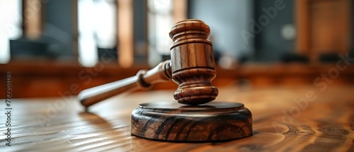 Symbol of Justice: Gavel Centered in Courtroom. Concept Law & Justice, Legal Symbolism, Courtroom Tradition, Gavel of Justice, Legal Proceedings