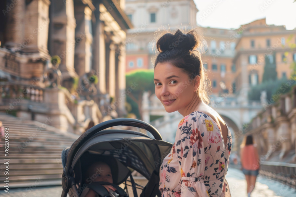 Young mother walking with her baby in a pram in Rome, Italy