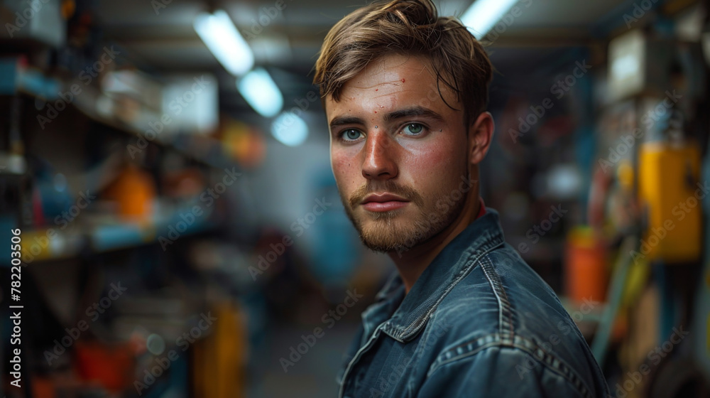 Portrait of a young beautiful car mechanic in a car workshop, in the background of service. Concept: repair of machines, fault diagnosis, repair specialist, technical maintenance and on-board computer Portrait of a young beautiful car mechanic in a car workshop, in the background of service. Concept: repair of machines, fault diagnosis, repair specialist, technical maintenance and on-board computer