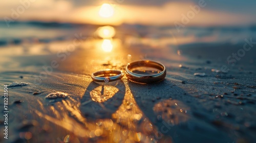 Two wedding rings on sandy beach at sunset, ideal for wedding or love concept designs