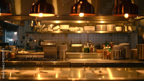 A busy kitchen showcasing an abundance of shiny metallic pots and pans, An empty restaurant kitchen glistening under soft, warm lighting, AI Generated photo
