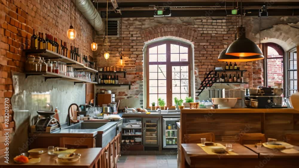 A restaurant featuring a brick wall and a generous amount of counter space for customers, An empty restaurant kitchen with brick walls and rustic charm, AI Generated A restaurant featuring a brick wall and a generous amount of counter space for customers, An empty restaurant kitchen with brick walls and rustic charm, AI Generated