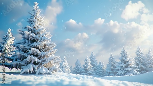 A picturesque snow covered pine tree in a serene snowy field. Perfect for winter-themed designs