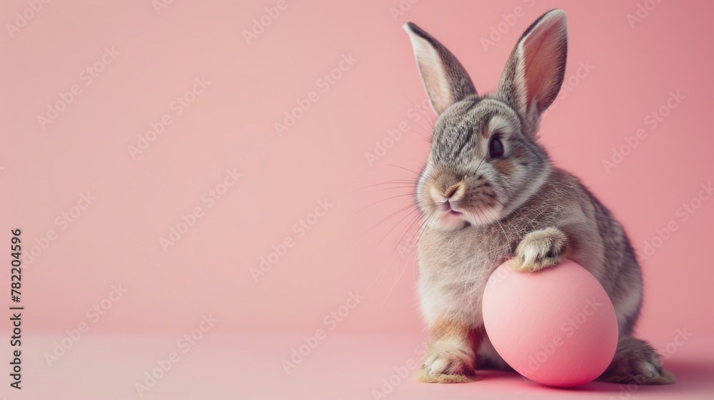 Obraz premium Cute rabbit next to a colorful Easter egg. Great for Easter-themed designs