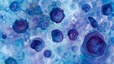 Animal cells in a dynamic array, depicting nuclei and cytoplasm with soft watercolor washes in blues and purples